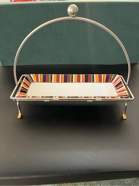 Discontinued Pampered Chef Colorful Striped Ceramic Serving Tray on Metal Stand